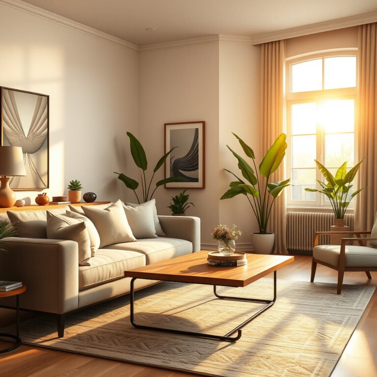 Sala de estar moderna com sofá e plantas ao sol.