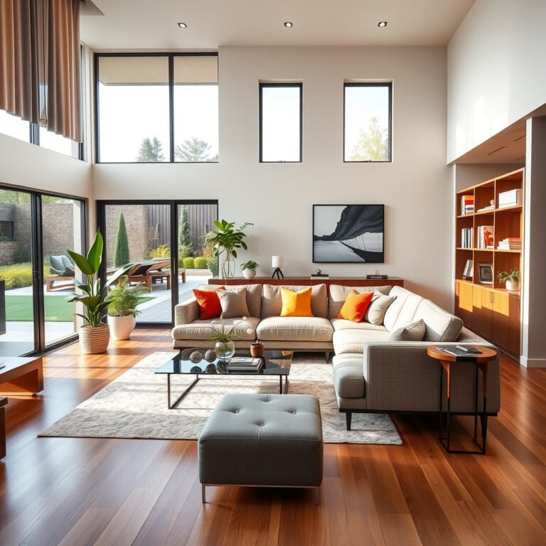 Sala de estar moderna com decoração elegante e aconchegante.