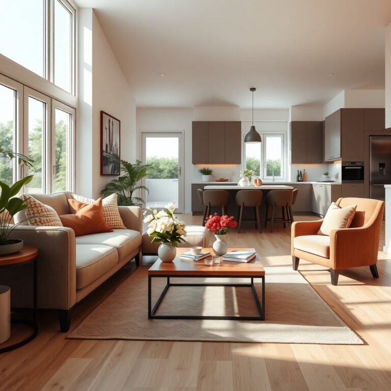 Sala de estar moderna com cozinha integrada e luz natural.