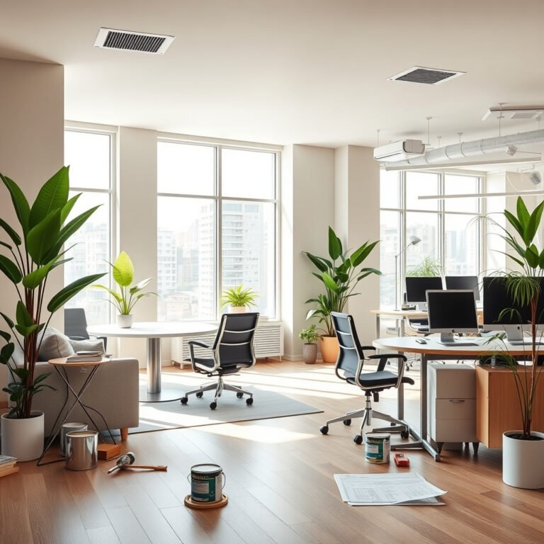 Escritório moderno com plantas e janelas grandes.