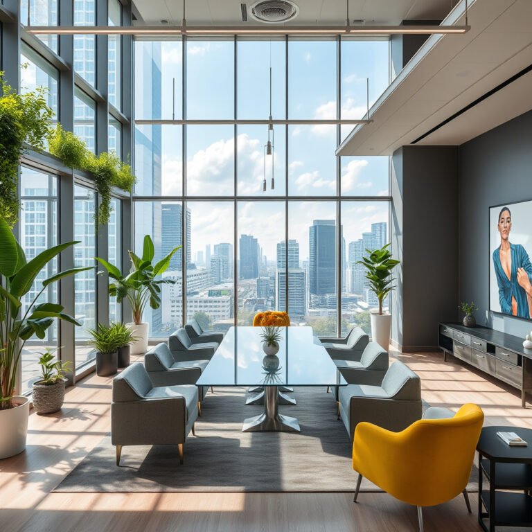 Sala de reunião moderna com plantas e janelas grandes.