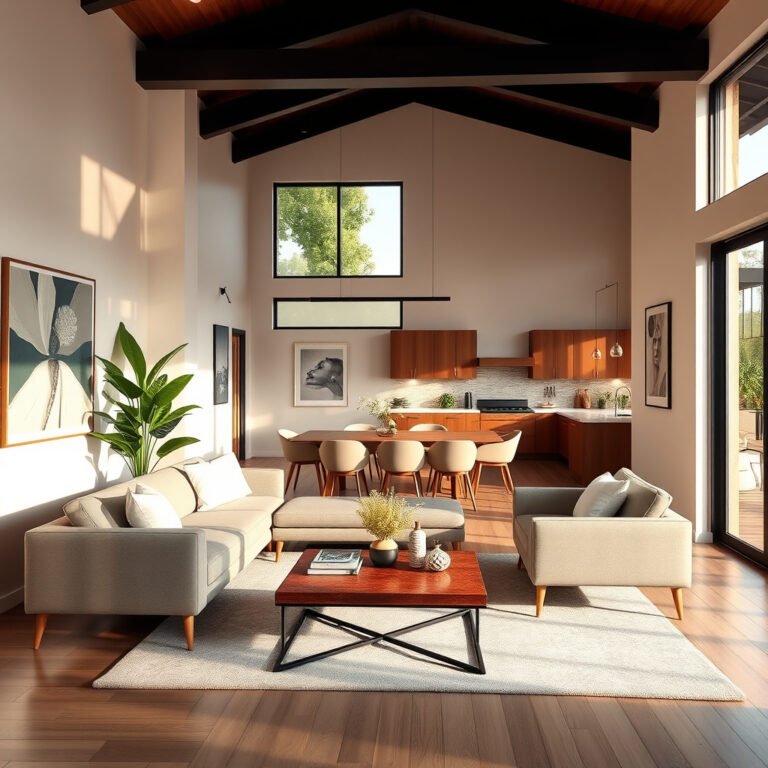 Sala moderna com cozinha integrada e decoração elegante.