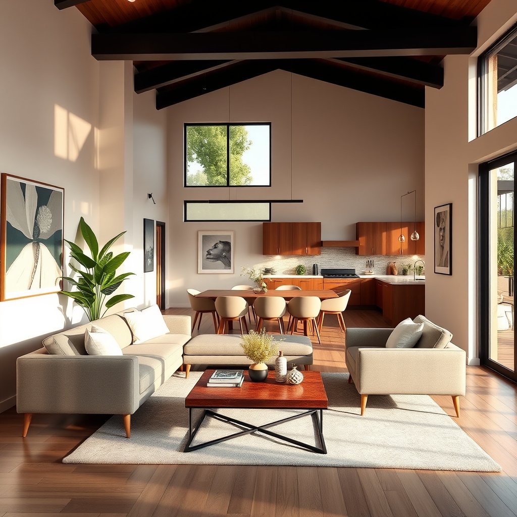 Sala moderna com cozinha integrada e decoração elegante.