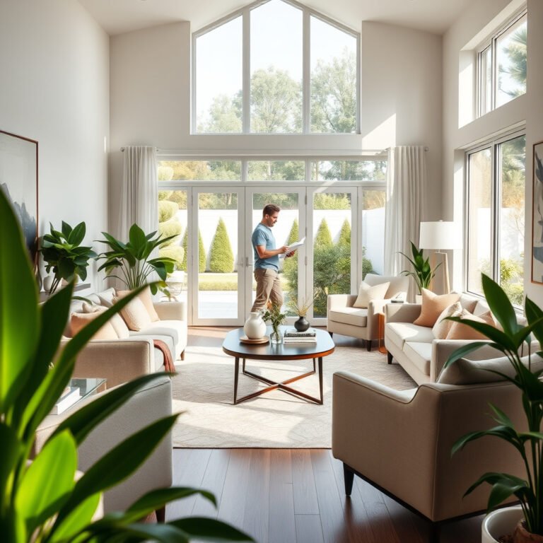 Sala de estar com janelas grandes e decoração moderna.
