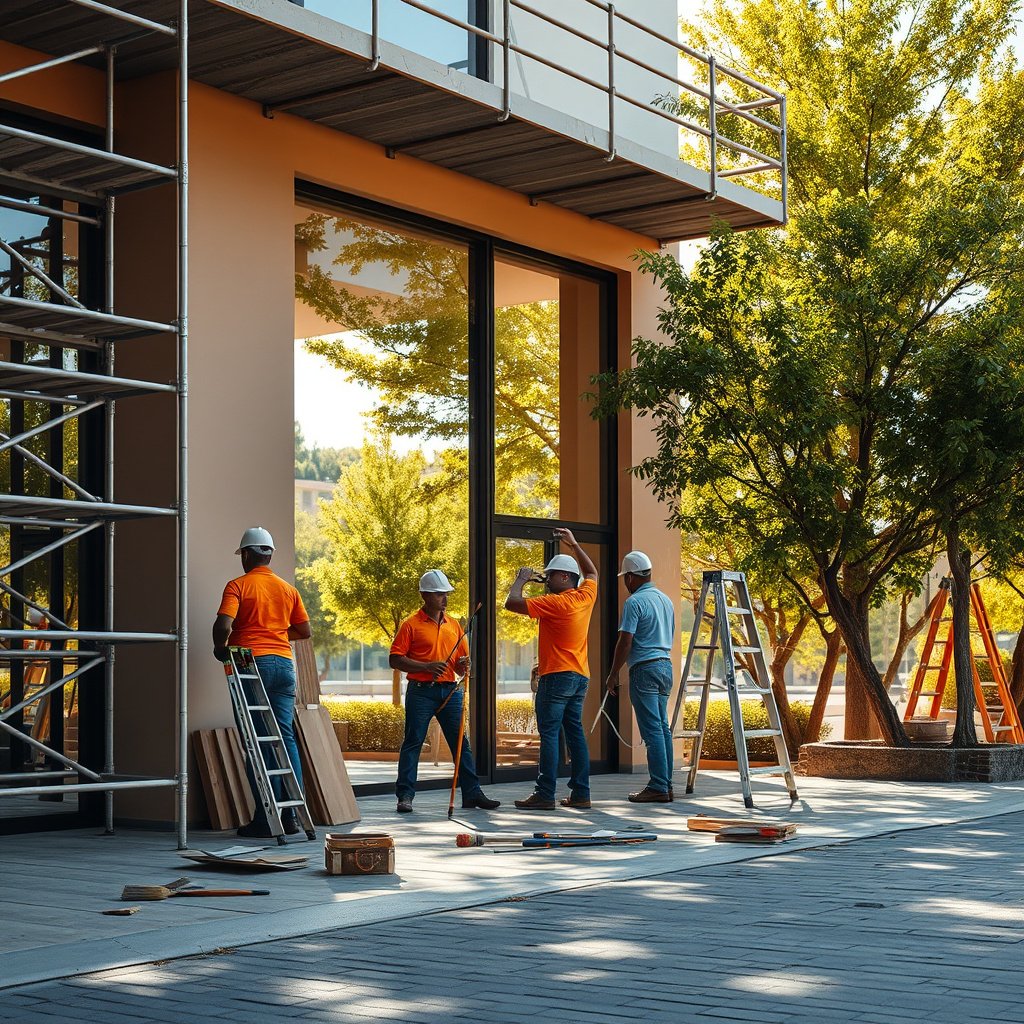 Trabalhadores construindo prédio com andaime e árvores.