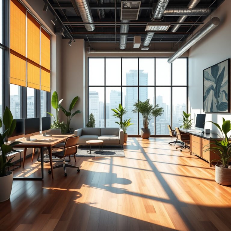 Escritório moderno com janelas grandes e plantas verdes.