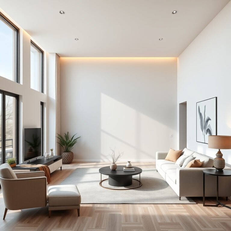 Sala de estar moderna, bem iluminada e elegante.
