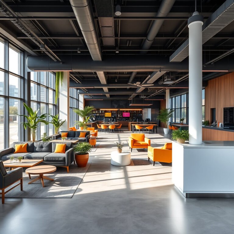 Espaço de coworking moderno e iluminado com plantas.
