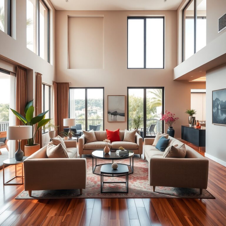 Sala moderna com janelas altas e decoração elegante.