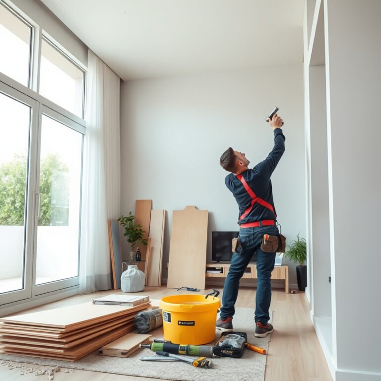 Homem instalando prateleira em sala de estar