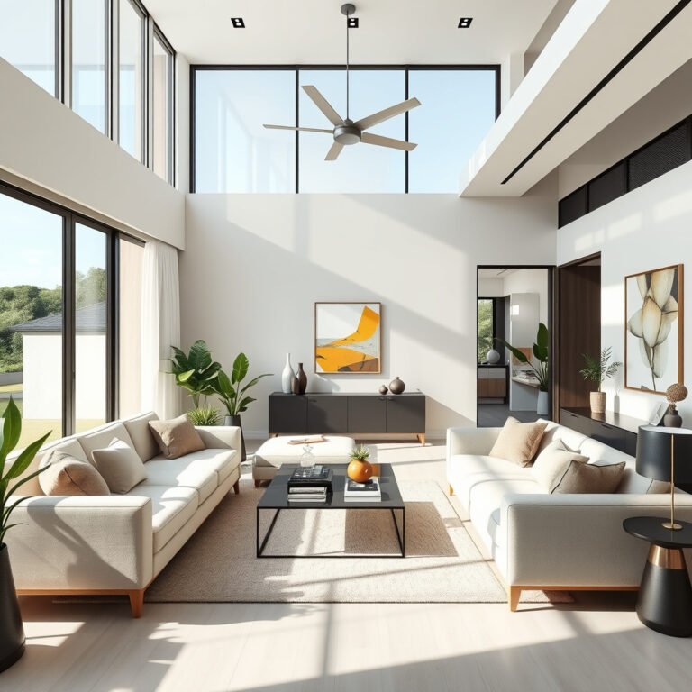 Sala de estar moderna com decoração minimalista e plantas.