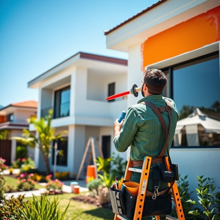 Homem pintando casa de laranja em escada