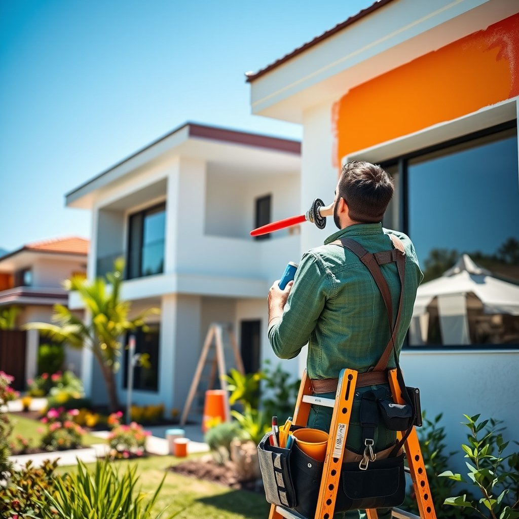 Homem pintando casa de laranja em escada