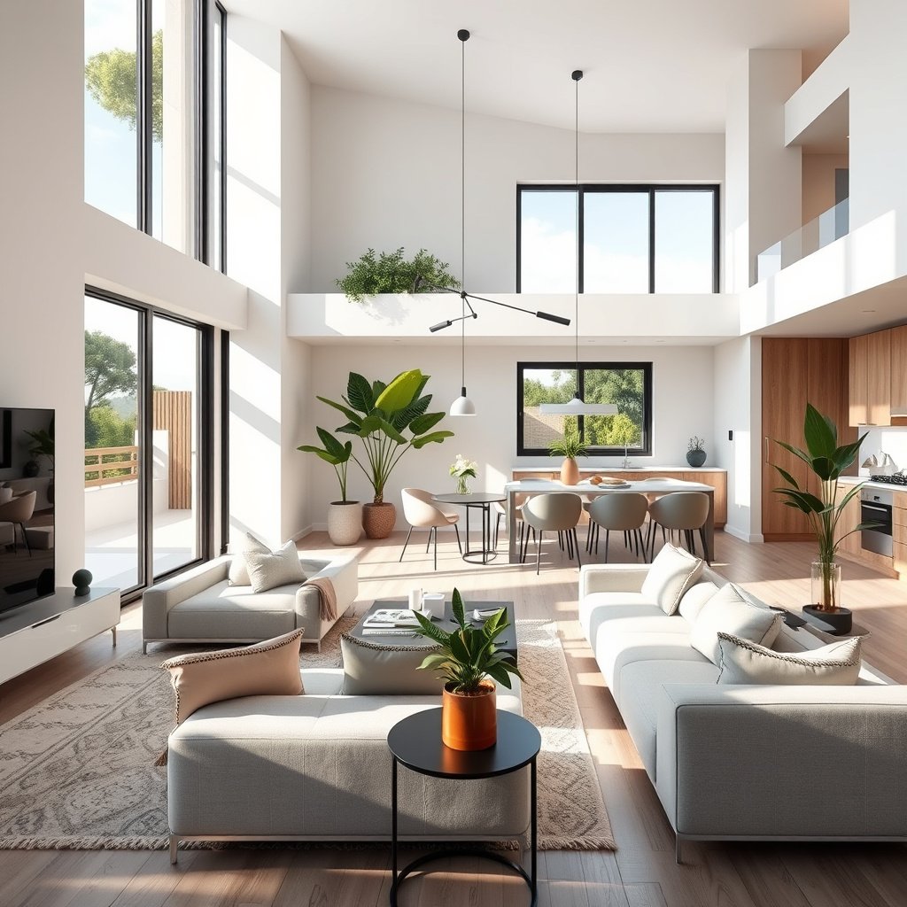 Sala moderna e iluminada com móveis claros e plantas.