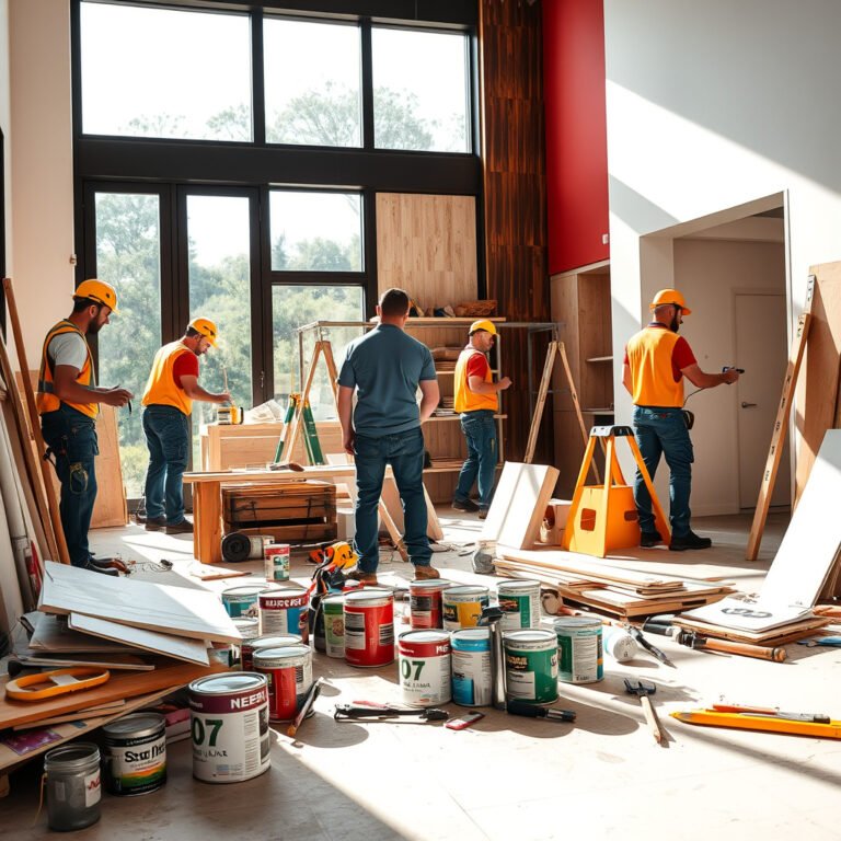Construção com trabalhadores e materiais de pintura.