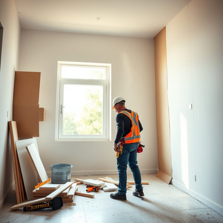 Trabalhador inspeciona quarto em reforma, construção civil.
