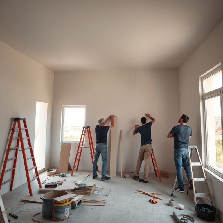 Trabalhadores reformando interior de uma sala vazia.
