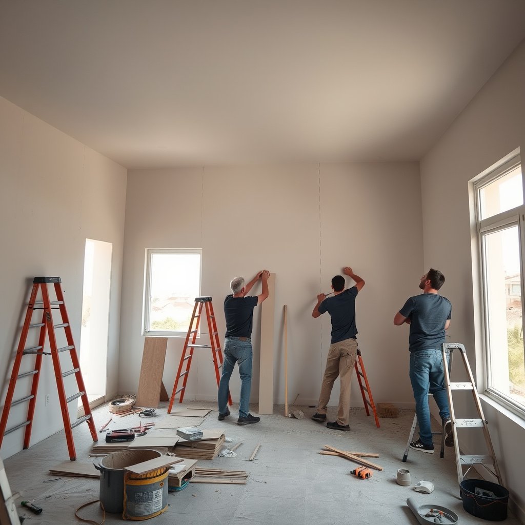 Trabalhadores reformando interior de uma sala vazia.
