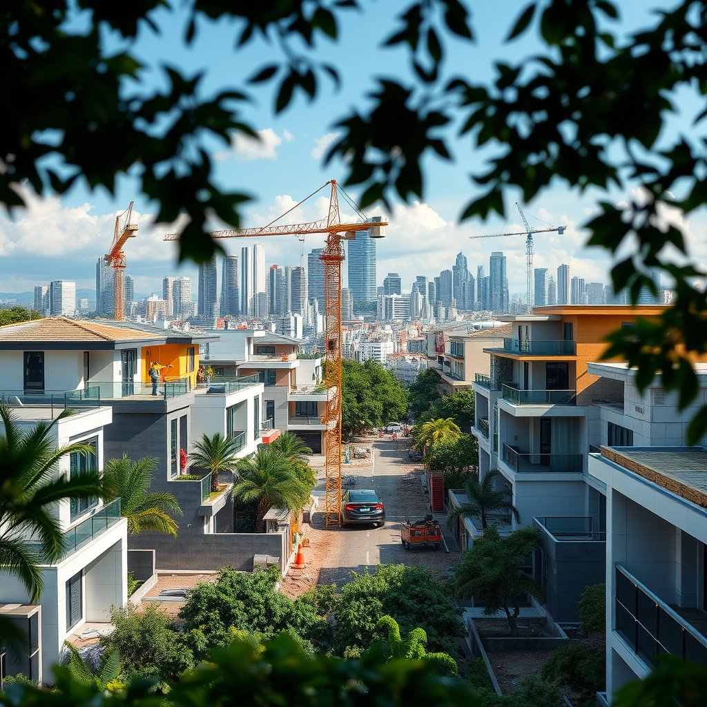 Vista urbana com prédios e gruas em construção.