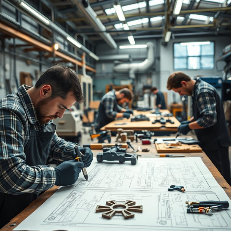 Engenheiros trabalhando em oficina com projetos e ferramentas.