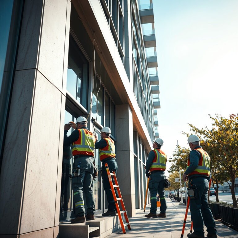 Trabalhadores da construção civil em prédio moderno.