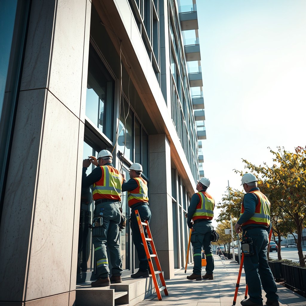 Trabalhadores da construção civil em prédio moderno.