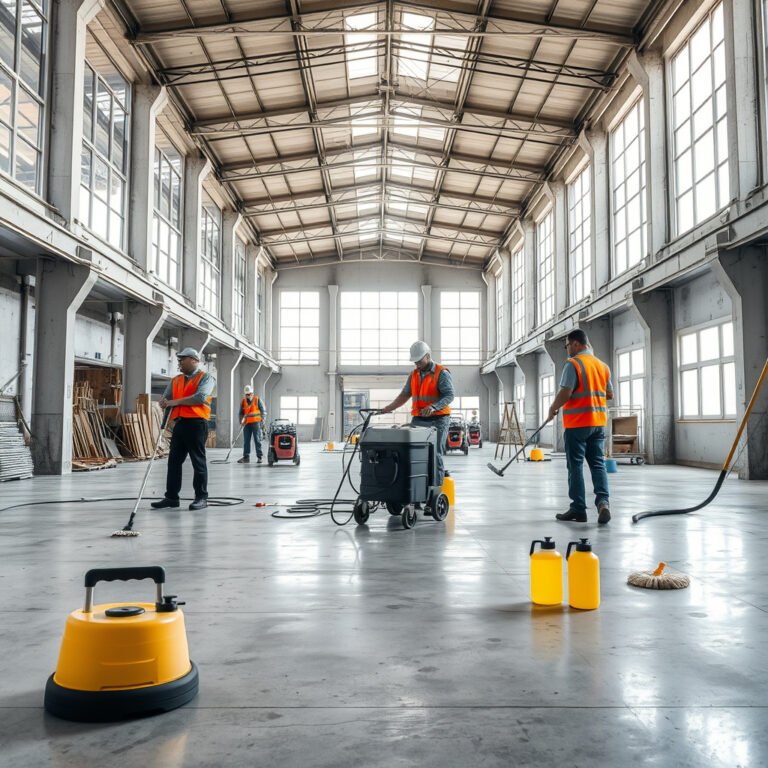 Trabalhadores limpam piso de armazém com equipamentos industriais.